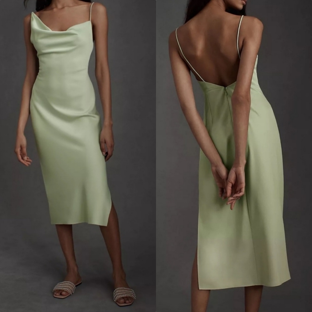 New BHLDN August Satin Draped Spaghetti Strap Open Back Midi Slip Dress Anthro